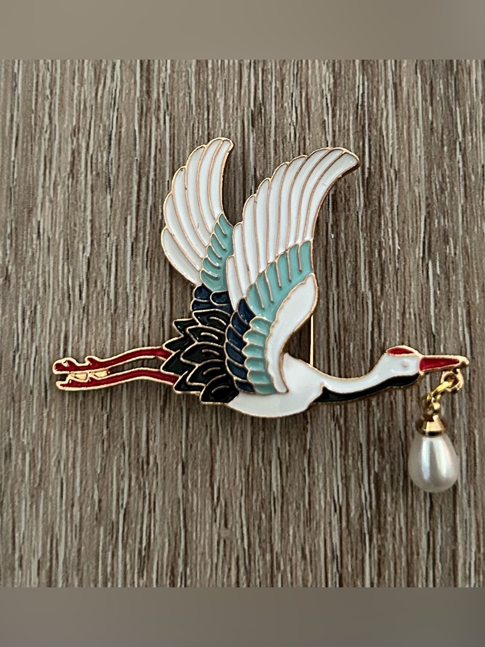White and Teal Crane Bird Brooch with Pearl Accent